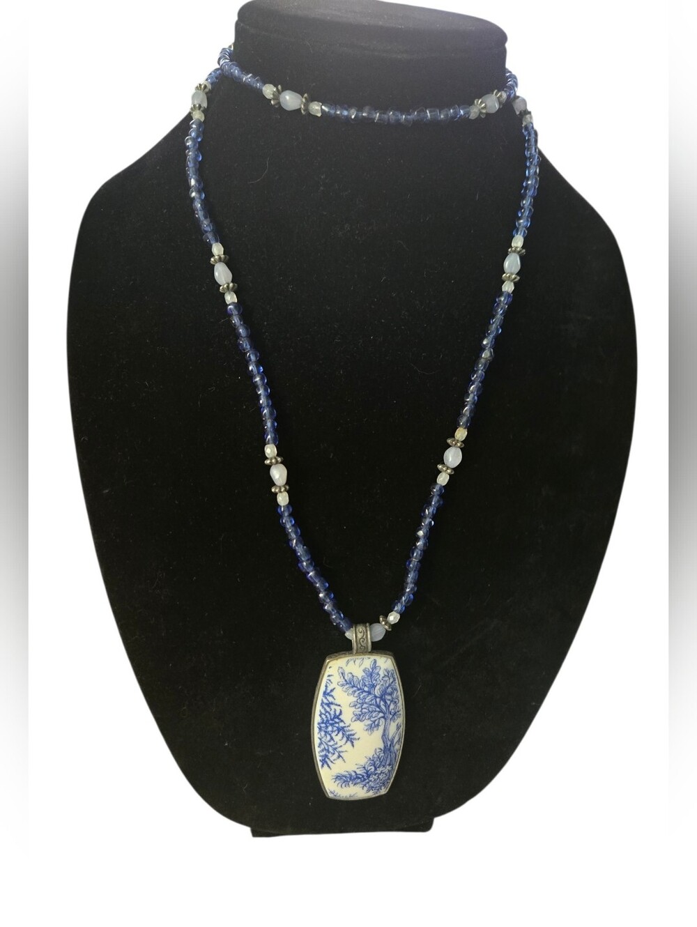 Vintage Blue Porcelain Pendant Necklace With Beaded Chain